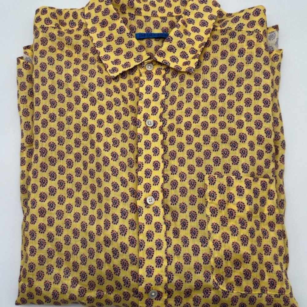 J McLaughlin Shirt Mens Linen XL Button Up Yellow Blue Orange Paisley Long sleev